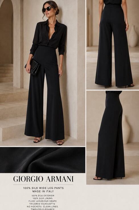 Giorgio Armani Pants - Quiet Luxury Giorgio Armani 100% Silk Wide Leg Black Pants Made Italy 50 US 14